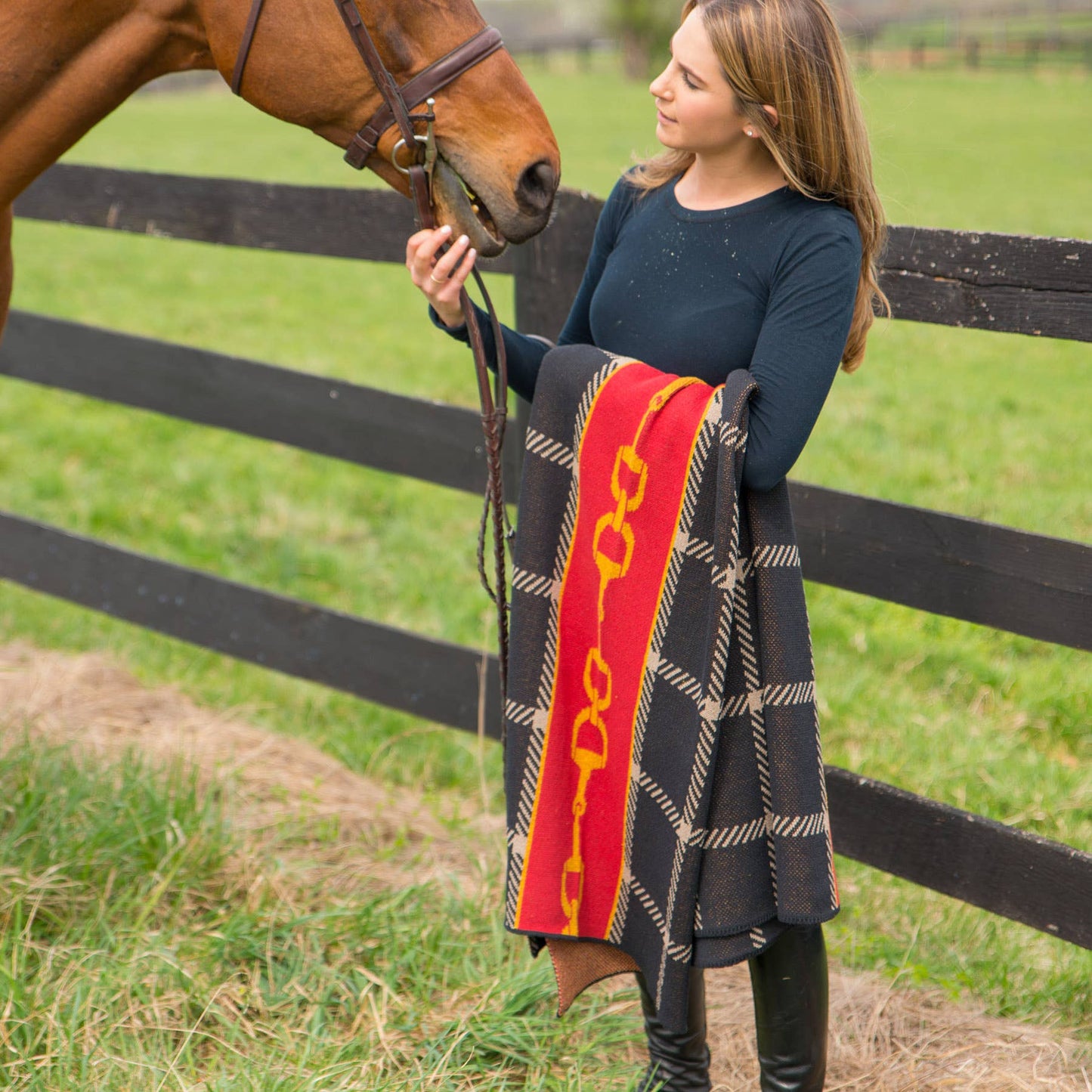 Equestrian Horse Bit Plaid Throw Blanket: Black