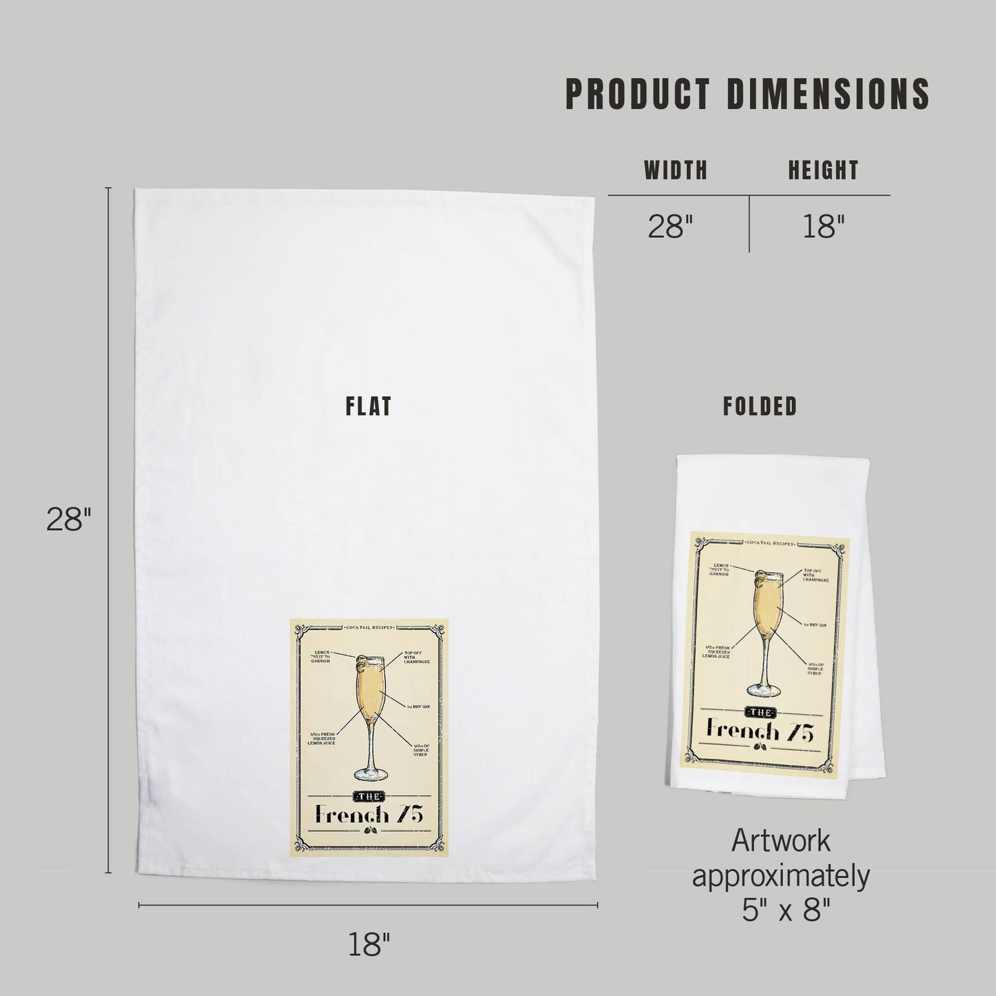 ORGANIC TEA TOWEL Prohibition, Cocktail Recipe, French 75