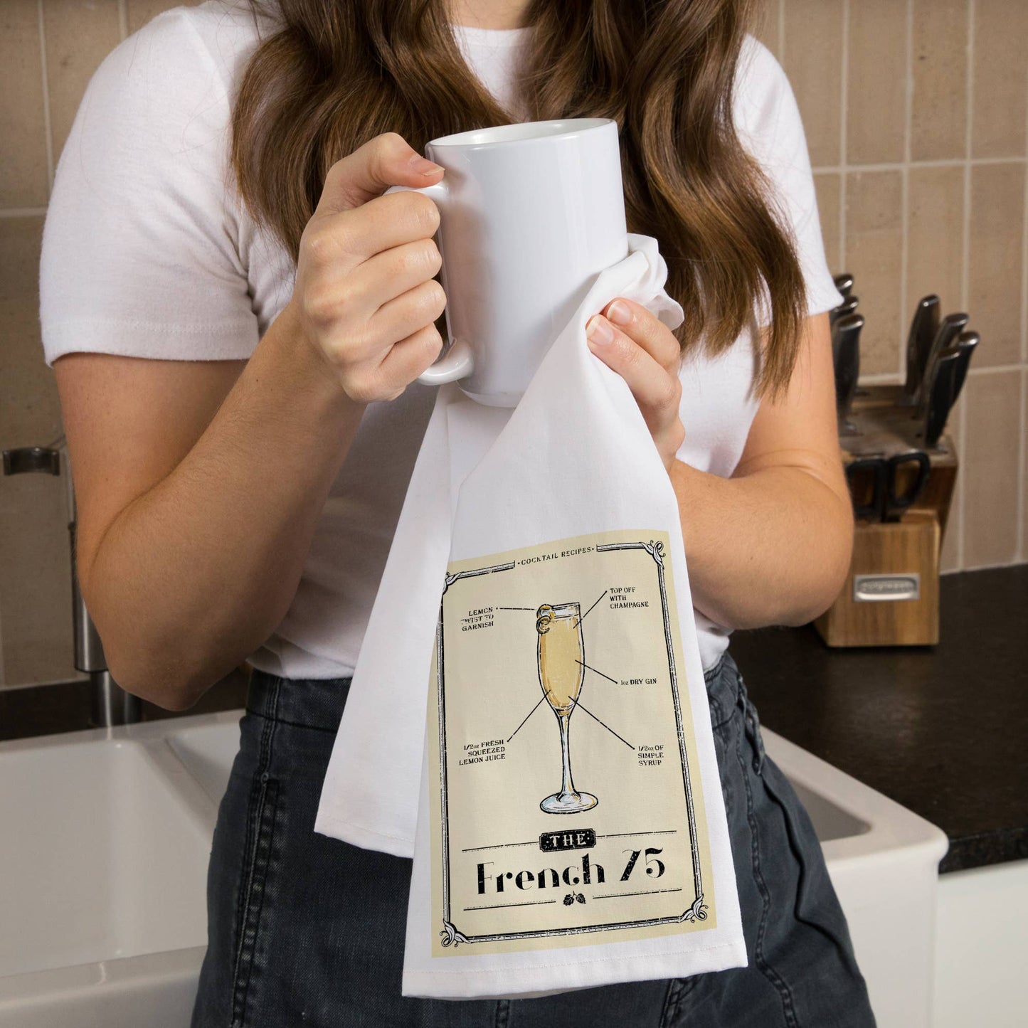 ORGANIC TEA TOWEL Prohibition, Cocktail Recipe, French 75