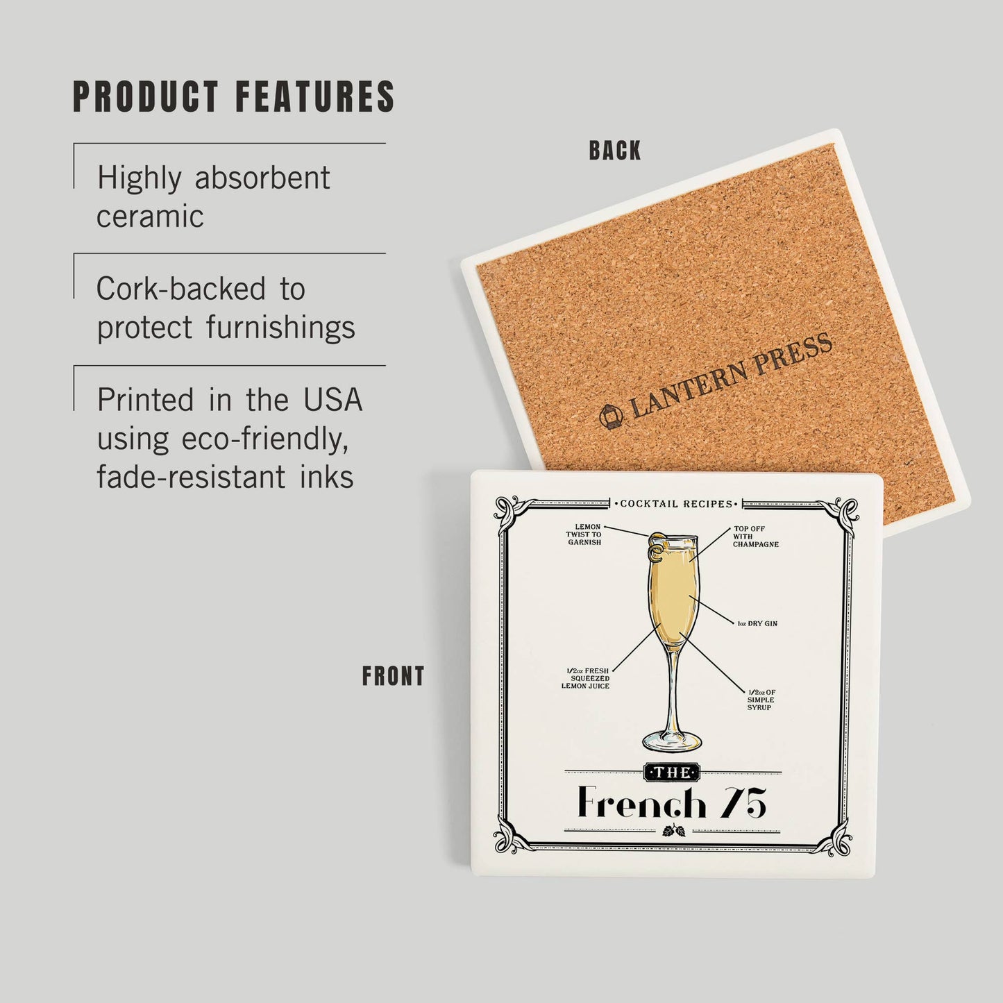 CERAMIC COASTER Prohibition, Cocktail Recipe, French 75