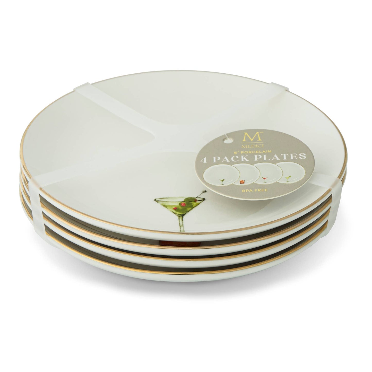 4pk 6" Gold Rim Plates - Classic Cocktails