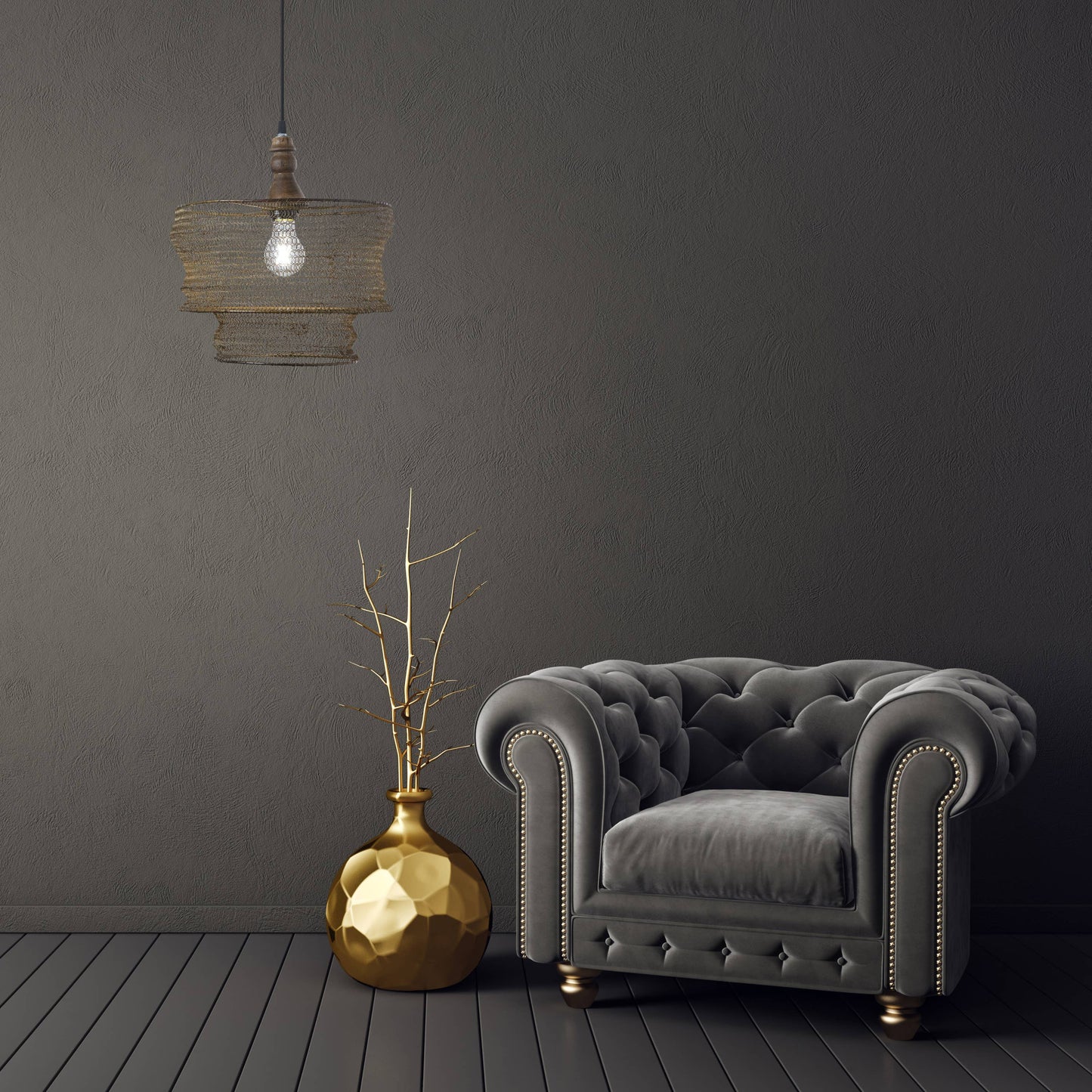 12"W Bronze-Finish Metal and Wood Hanging Pendant Light