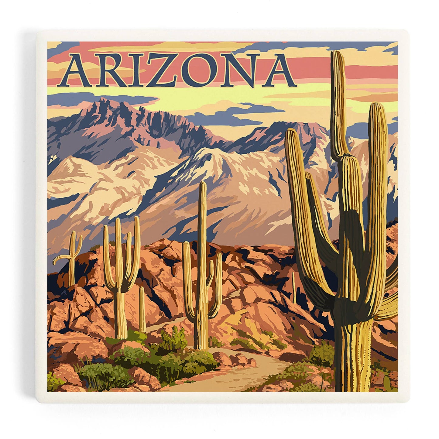 Arizona Desert Cactus Trail Scene at Sunset Ceramic Coaster