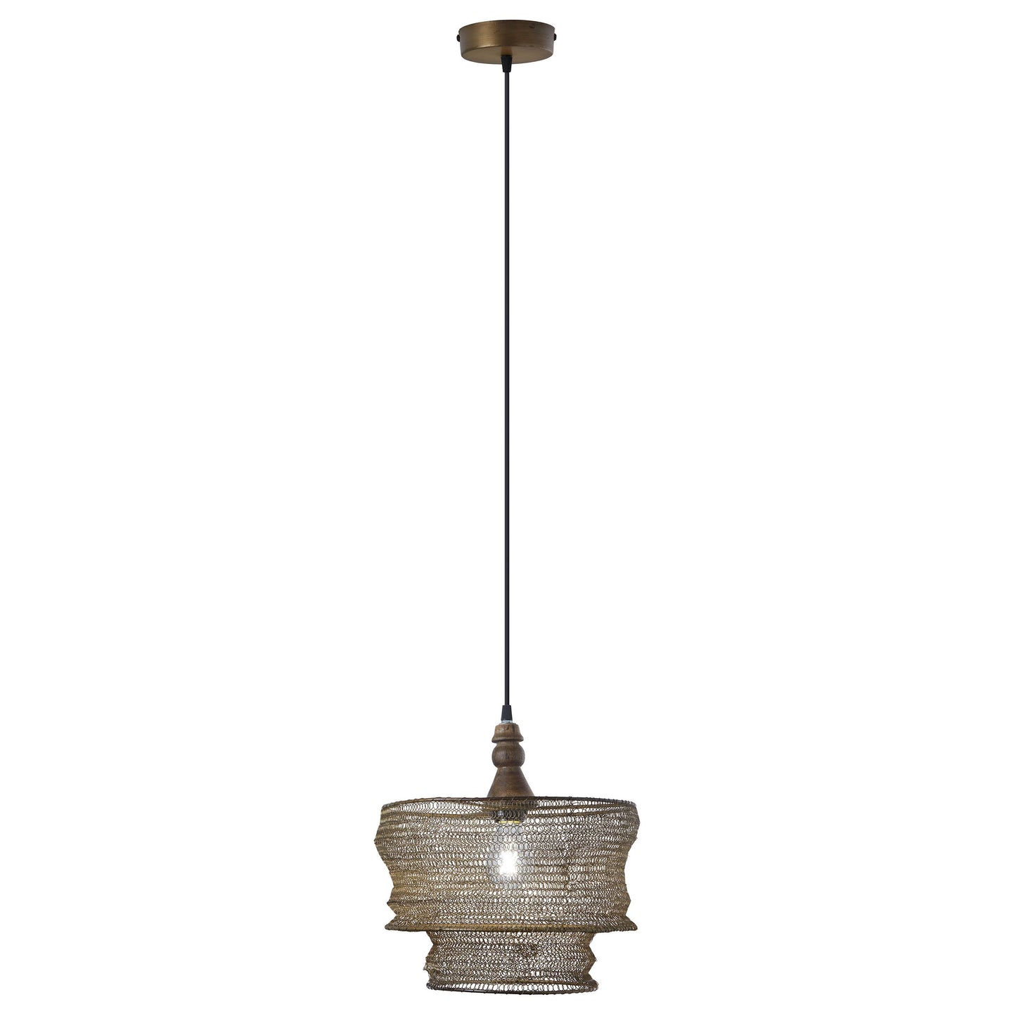 12"W Bronze-Finish Metal and Wood Hanging Pendant Light