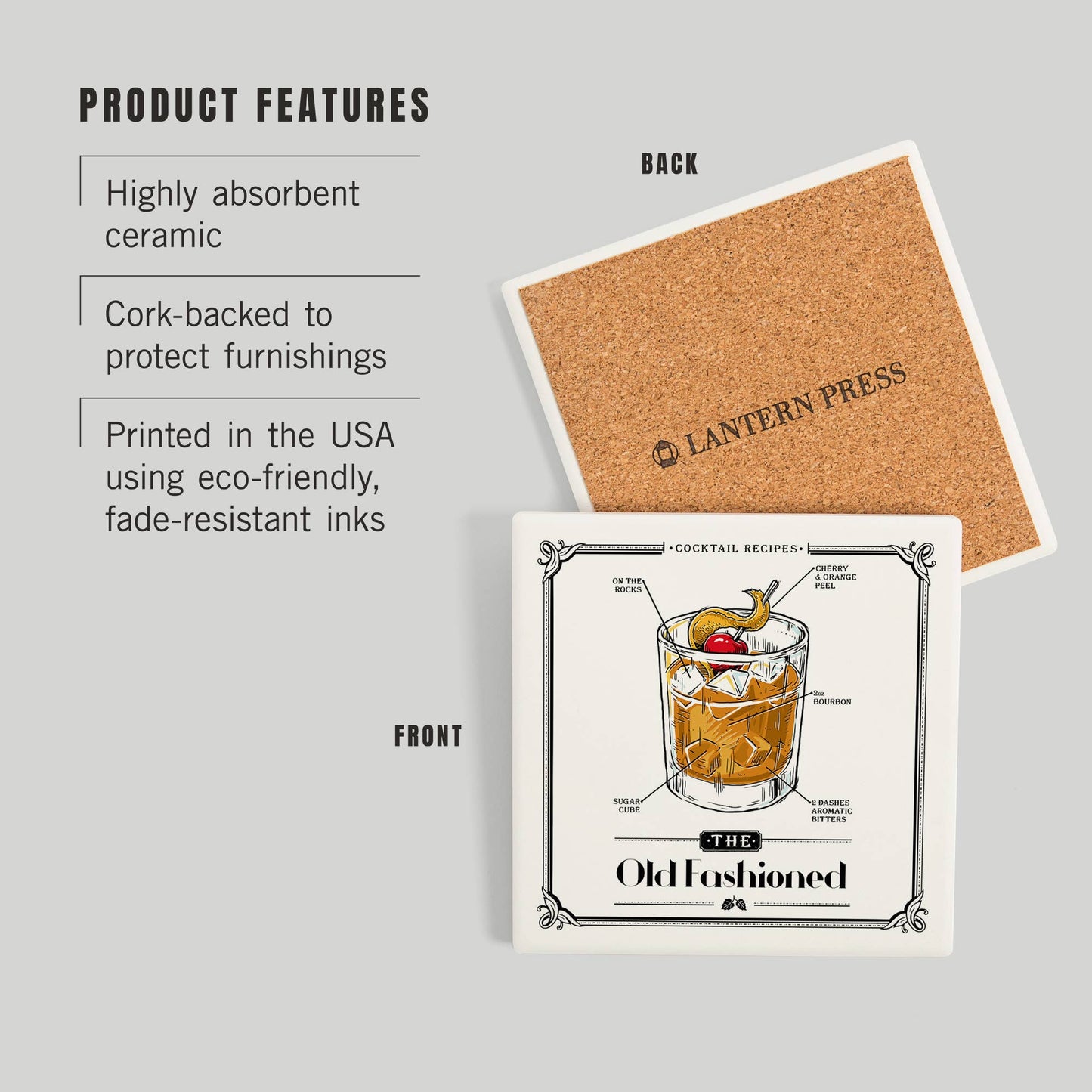 CERAMIC COASTER Prohibition Cocktail Recipe Old Fashioned