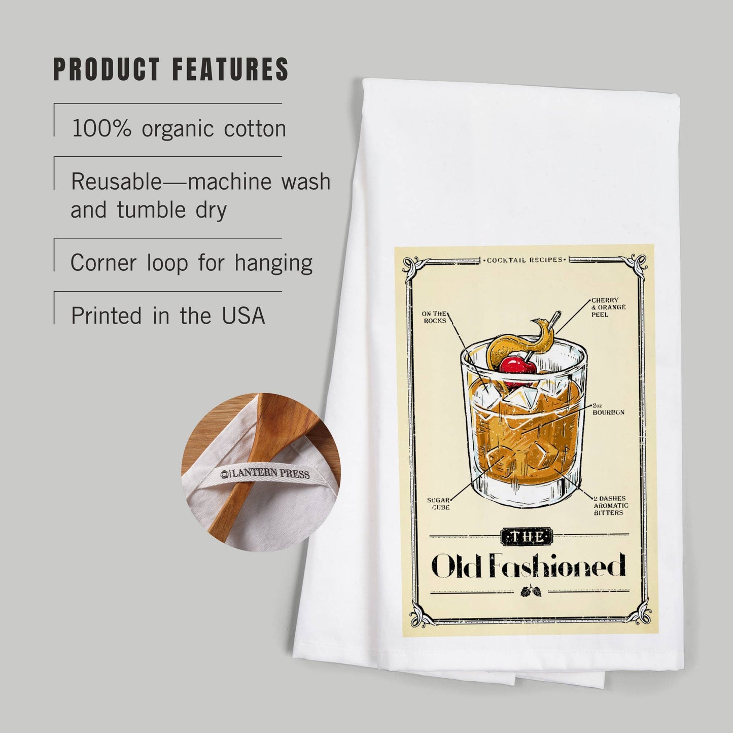 ORGANIC TEA TOWEL Prohibition Cocktail Recipe Old Fashioned