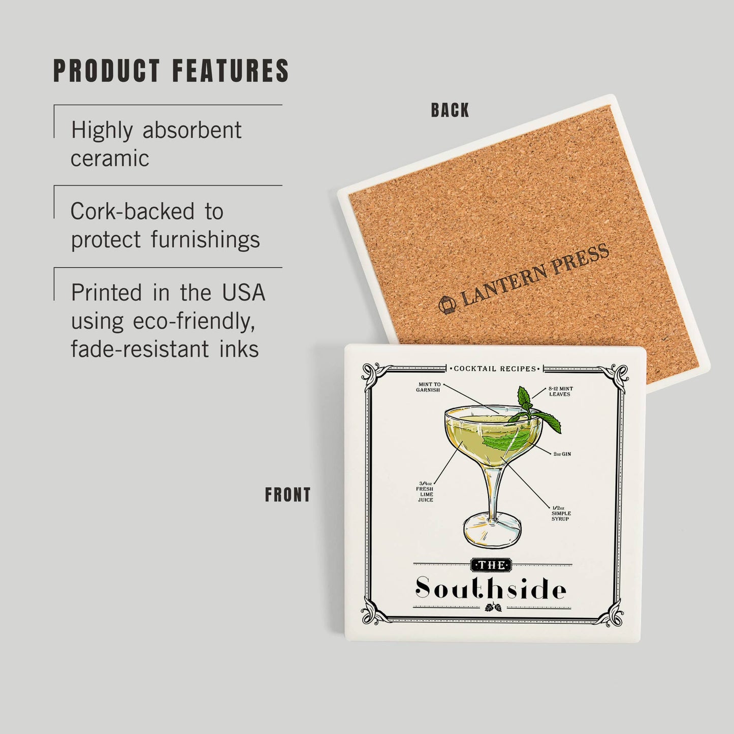 CERAMIC COASTER Prohibition, Cocktail Recipe, Southside