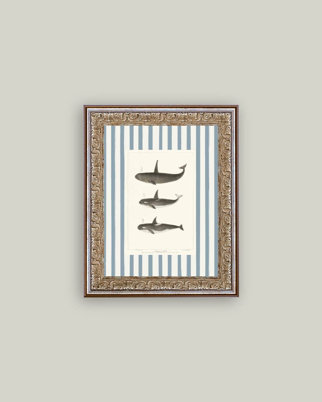 Whales on Stripes Framed Antique Art