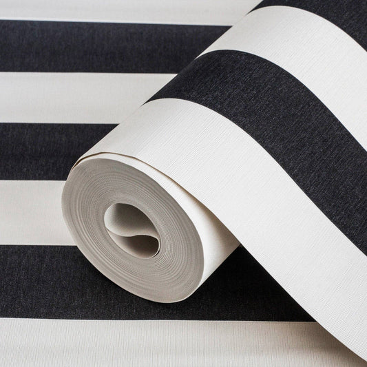Black & White Timeless Bold Striped Wallpaper, Flocked Textured Velvet Feeling Thick Lines Wallcovering
