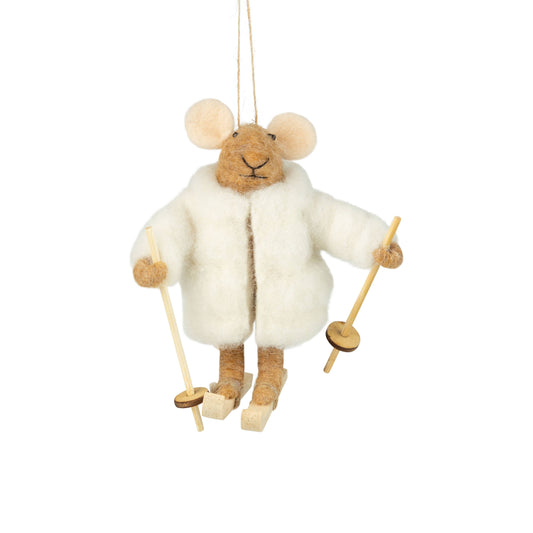 A13570-Felt ski mouse orn,wht puffy coat,wd skis/pole,4.75in