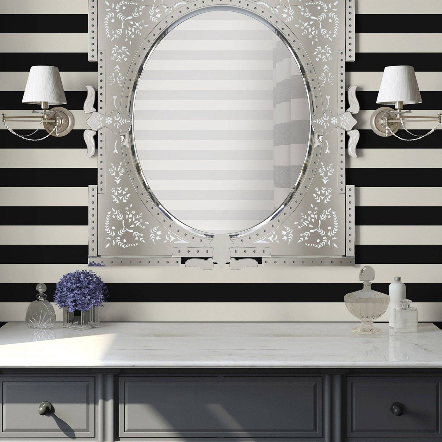 Black & White Timeless Bold Striped Wallpaper, Flocked Textured Velvet Feeling Thick Lines Wallcovering