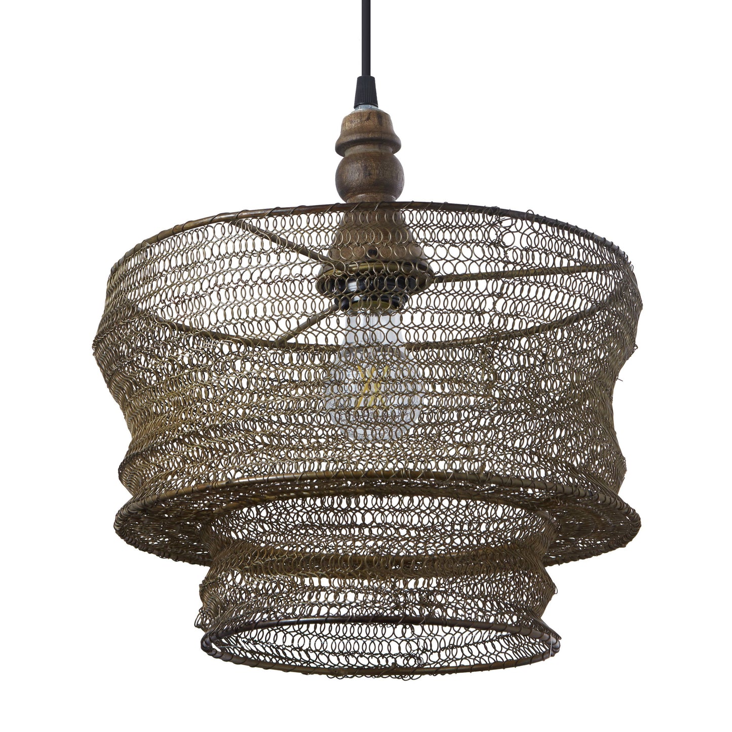 12"W Bronze-Finish Metal and Wood Hanging Pendant Light