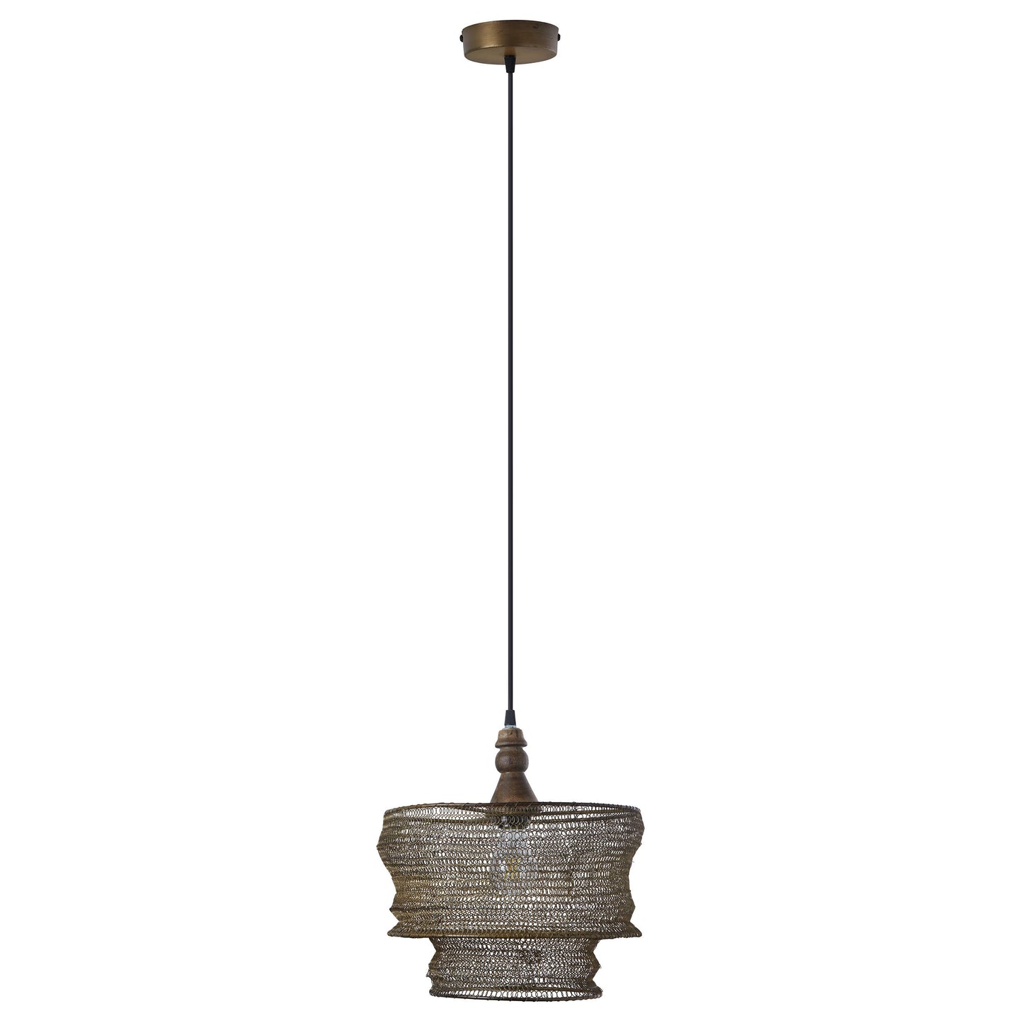 12"W Bronze-Finish Metal and Wood Hanging Pendant Light