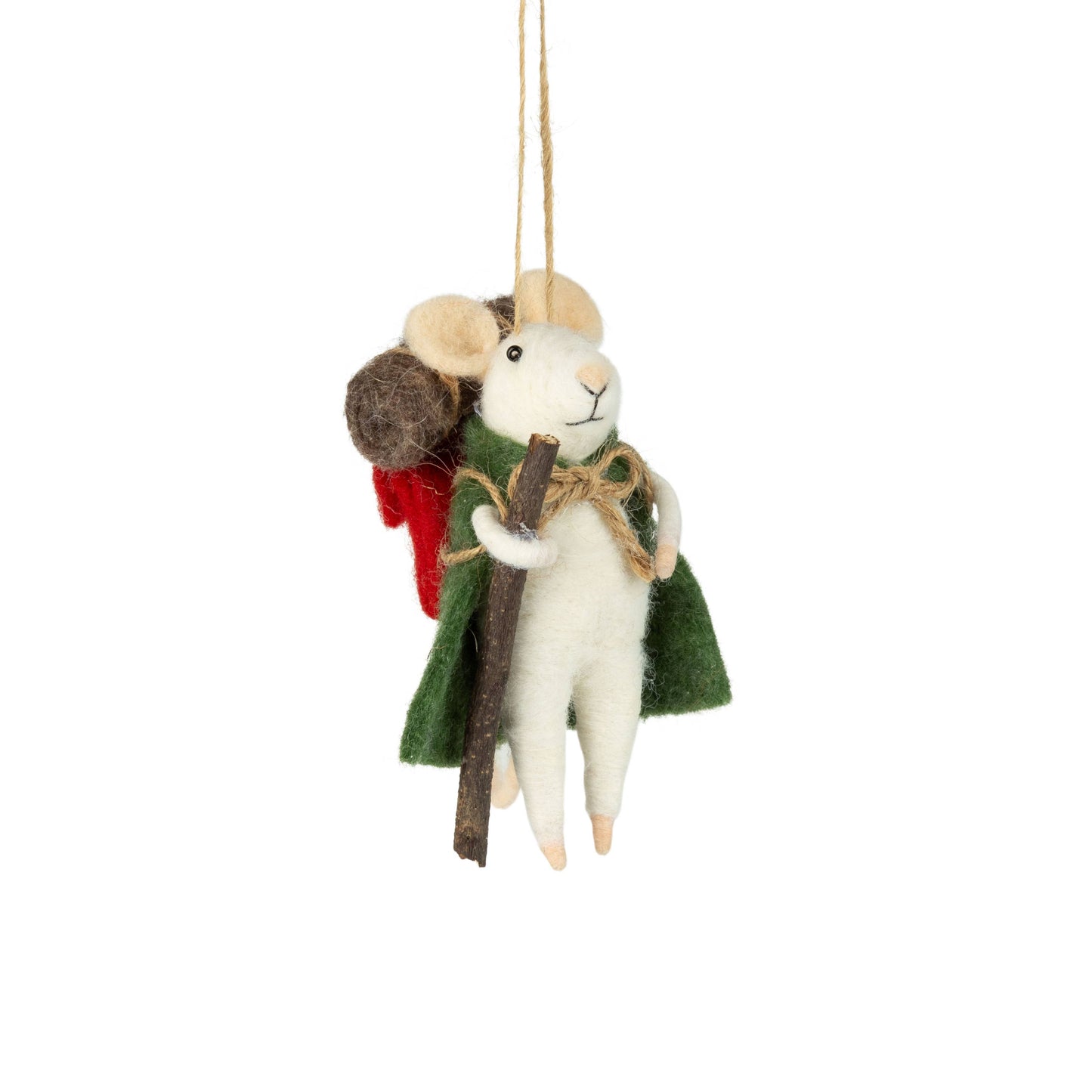 A13574-Felt hiking mouse orn/grn bpack/walking stick,4.75in
