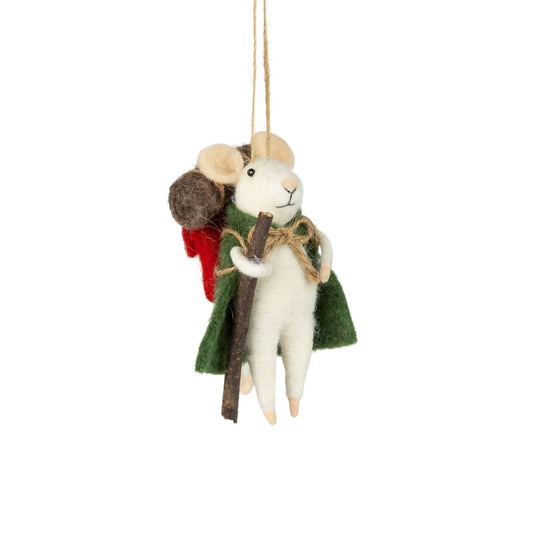 A13574-Felt hiking mouse orn/grn bpack/walking stick,4.75in