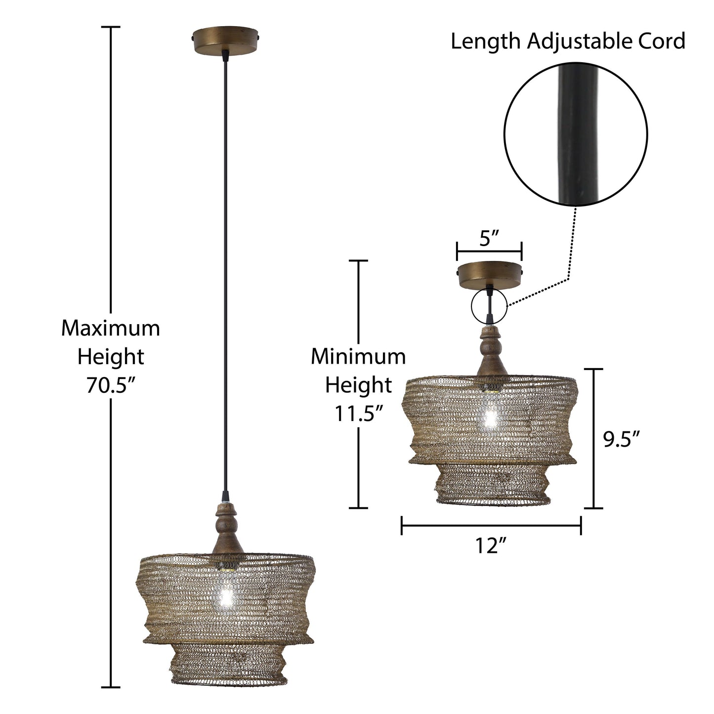 12"W Bronze-Finish Metal and Wood Hanging Pendant Light