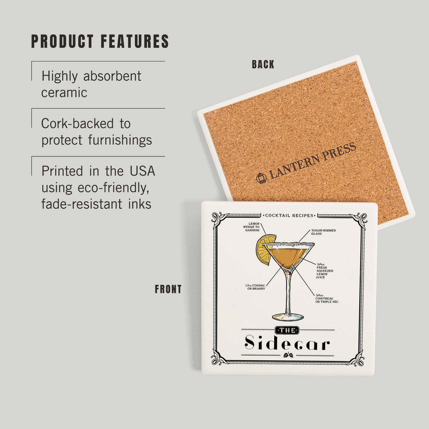 CERAMIC COASTER Prohibition, Cocktail Recipe, Sidecar