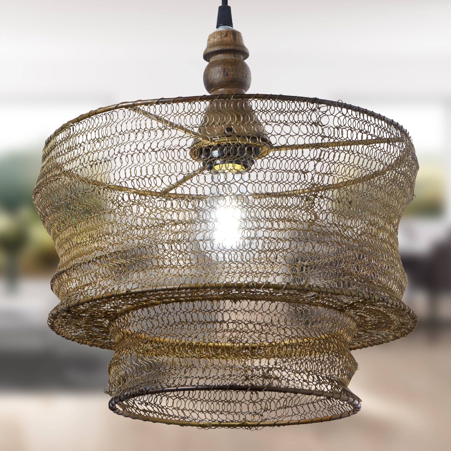 12"W Bronze-Finish Metal and Wood Hanging Pendant Light