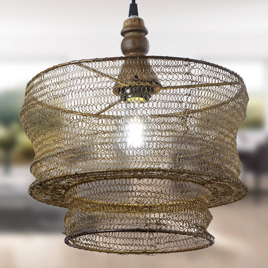 12"W Bronze-Finish Metal and Wood Hanging Pendant Light