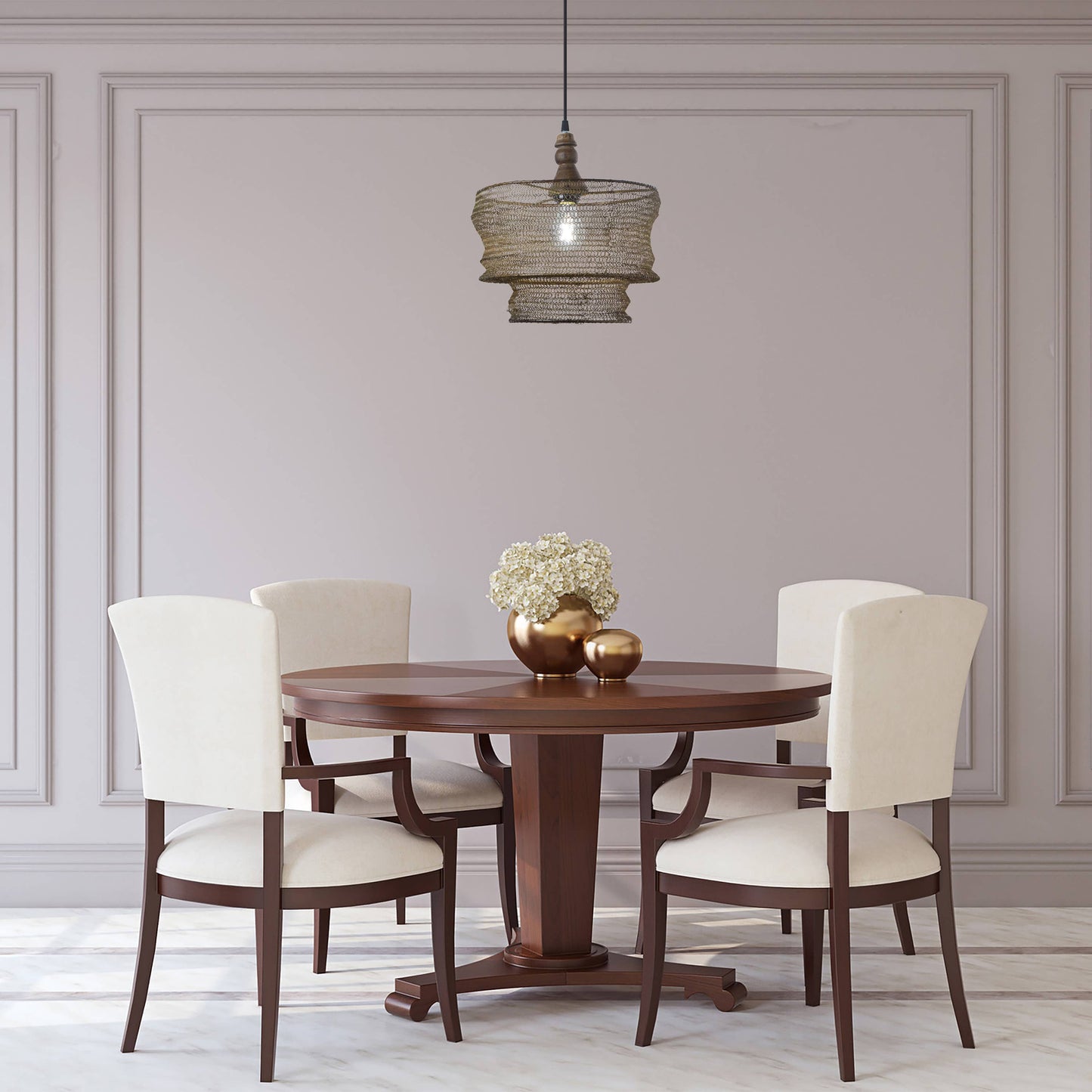 12"W Bronze-Finish Metal and Wood Hanging Pendant Light