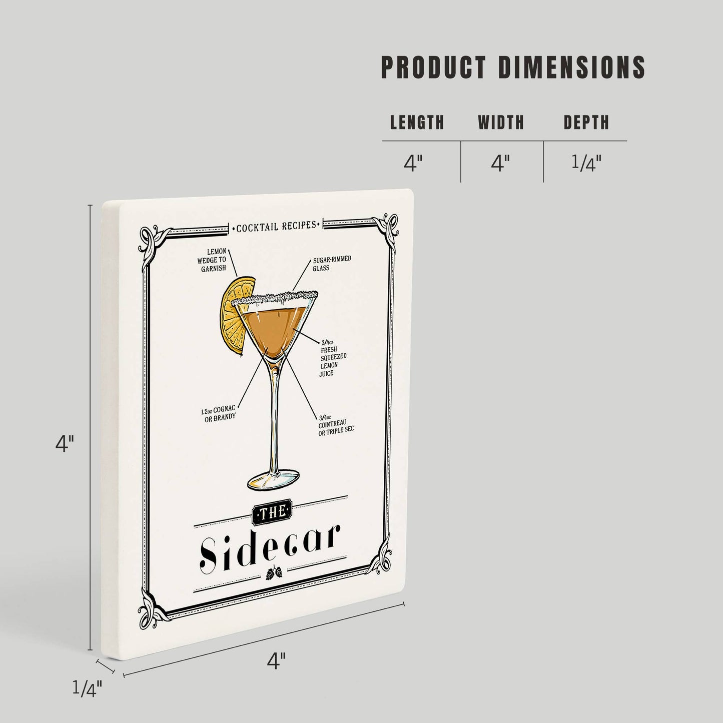 CERAMIC COASTER Prohibition, Cocktail Recipe, Sidecar