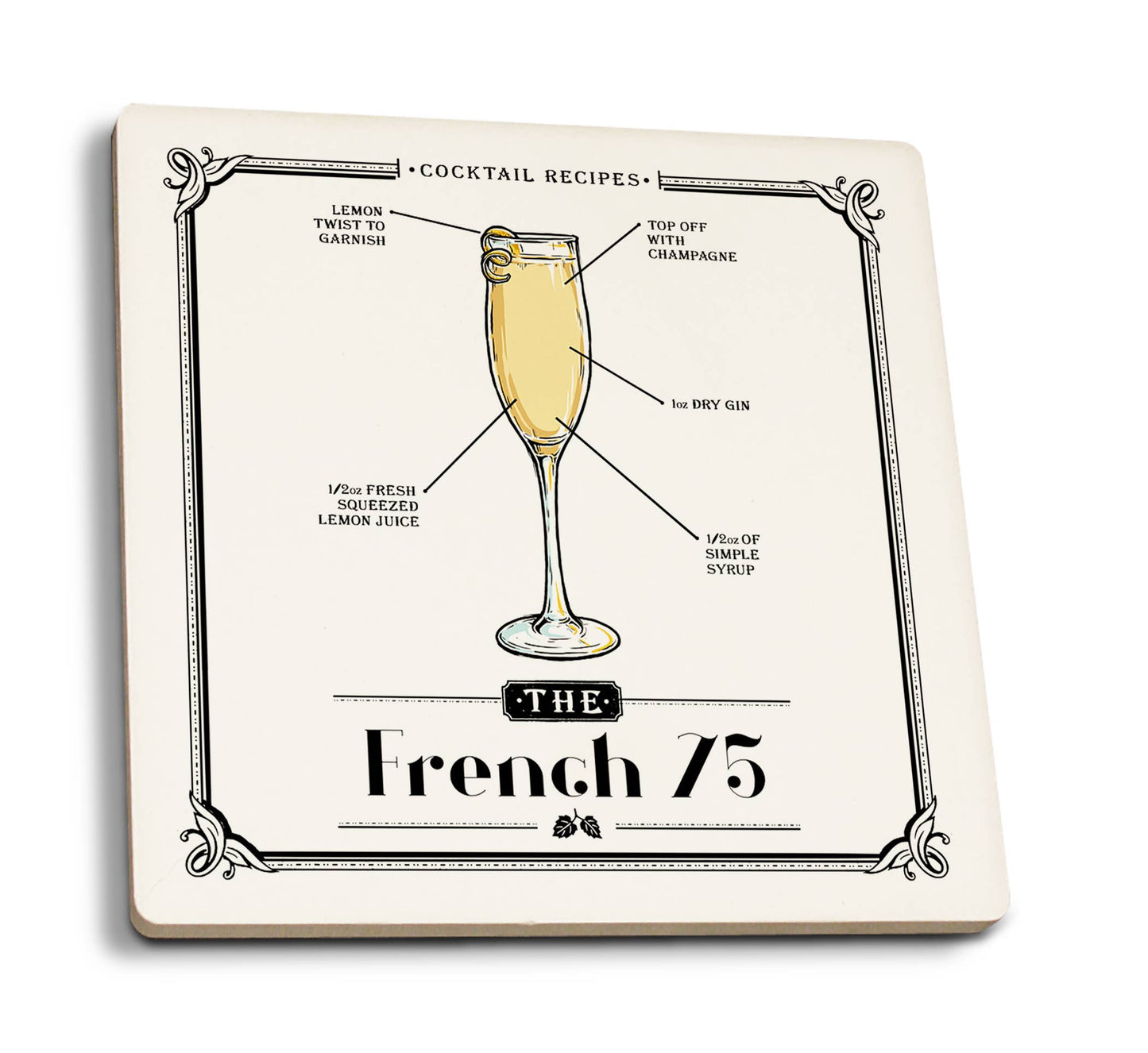 CERAMIC COASTER Prohibition, Cocktail Recipe, French 75