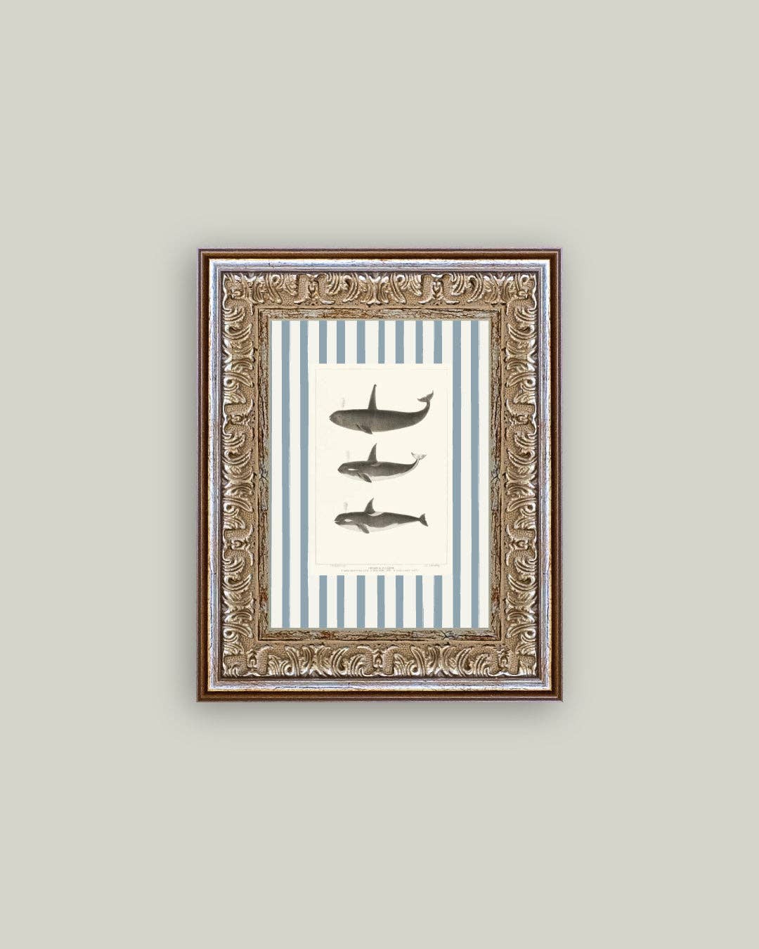 Whales on Stripes Framed Antique Art