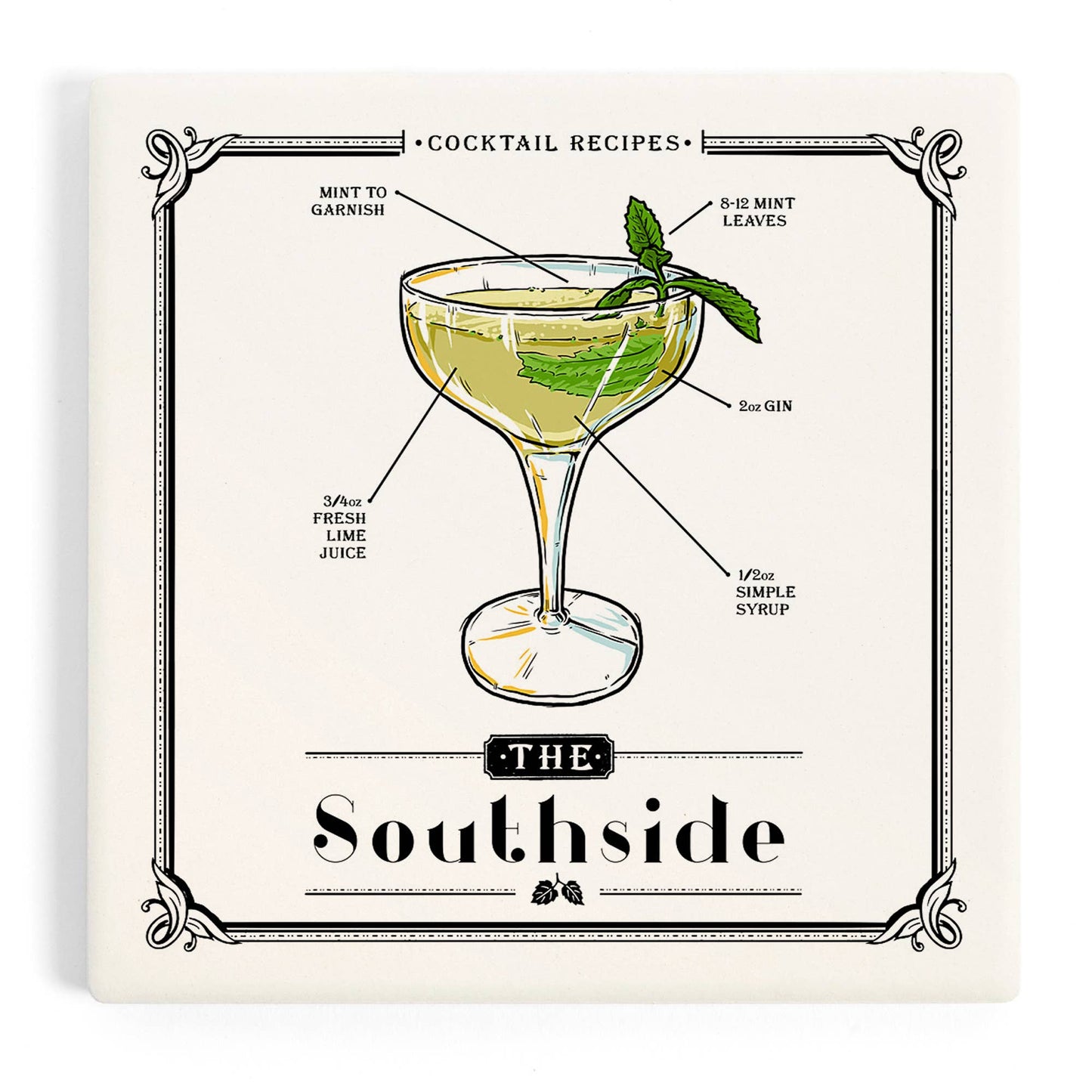 CERAMIC COASTER Prohibition, Cocktail Recipe, Southside