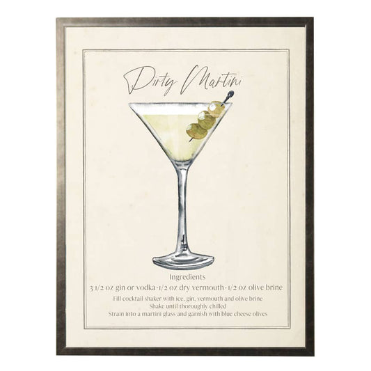 Watercolor dirty martini drink with recipe