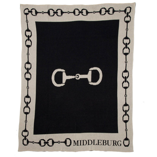 Personalized Equestrian Snaffle Bit Border Throw Blanket: Black/Flax