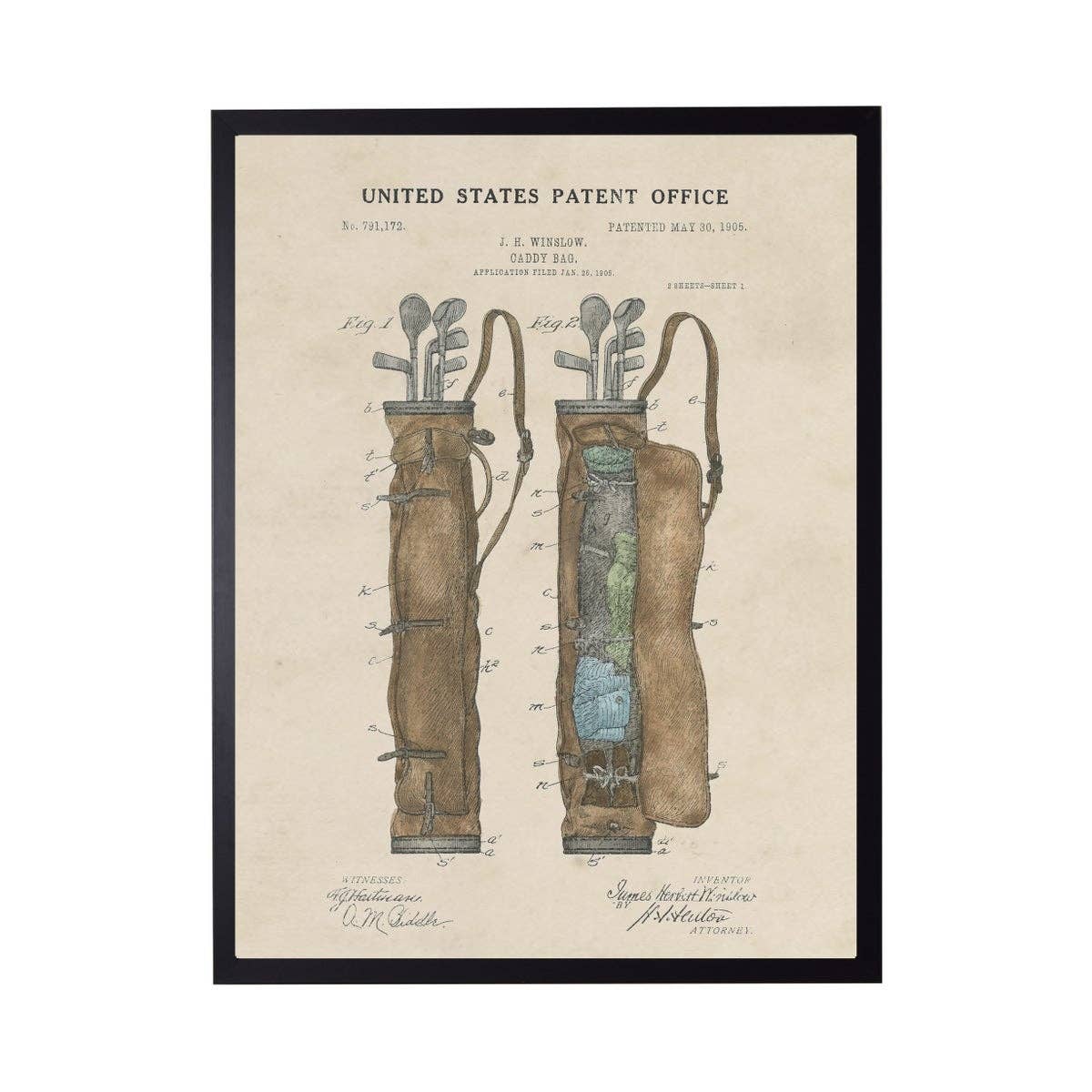 Watercolor Golf Bag Patent: 16" X 20" / Black Frame 2400-35 Za