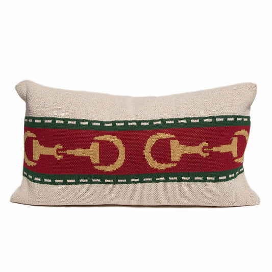 Equestrian Horse Bit Stripe Pillow: Flax/Hunter/Pom/Straw