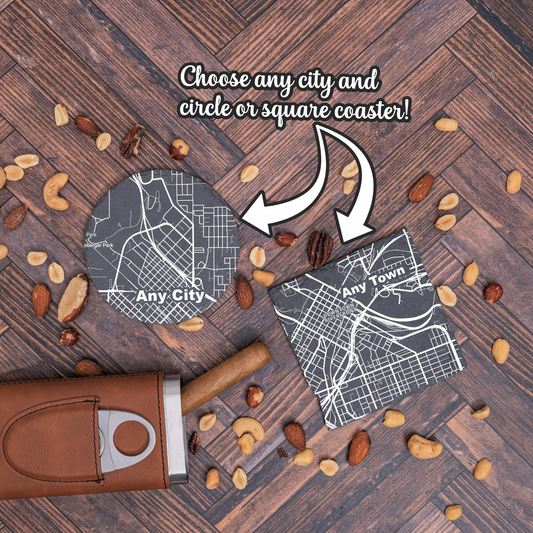 Custom City - Laser Engraved Coasters - Street Map Design: Circle